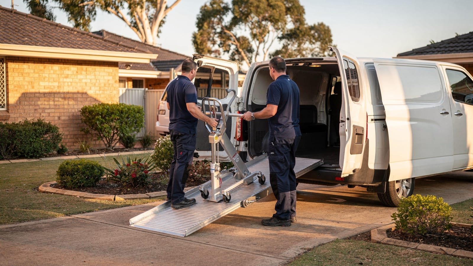 A two-person delivery crew in navy uniforms wheels a patient lifting hoist down an aluminium ramp from a white van outside a brick home.