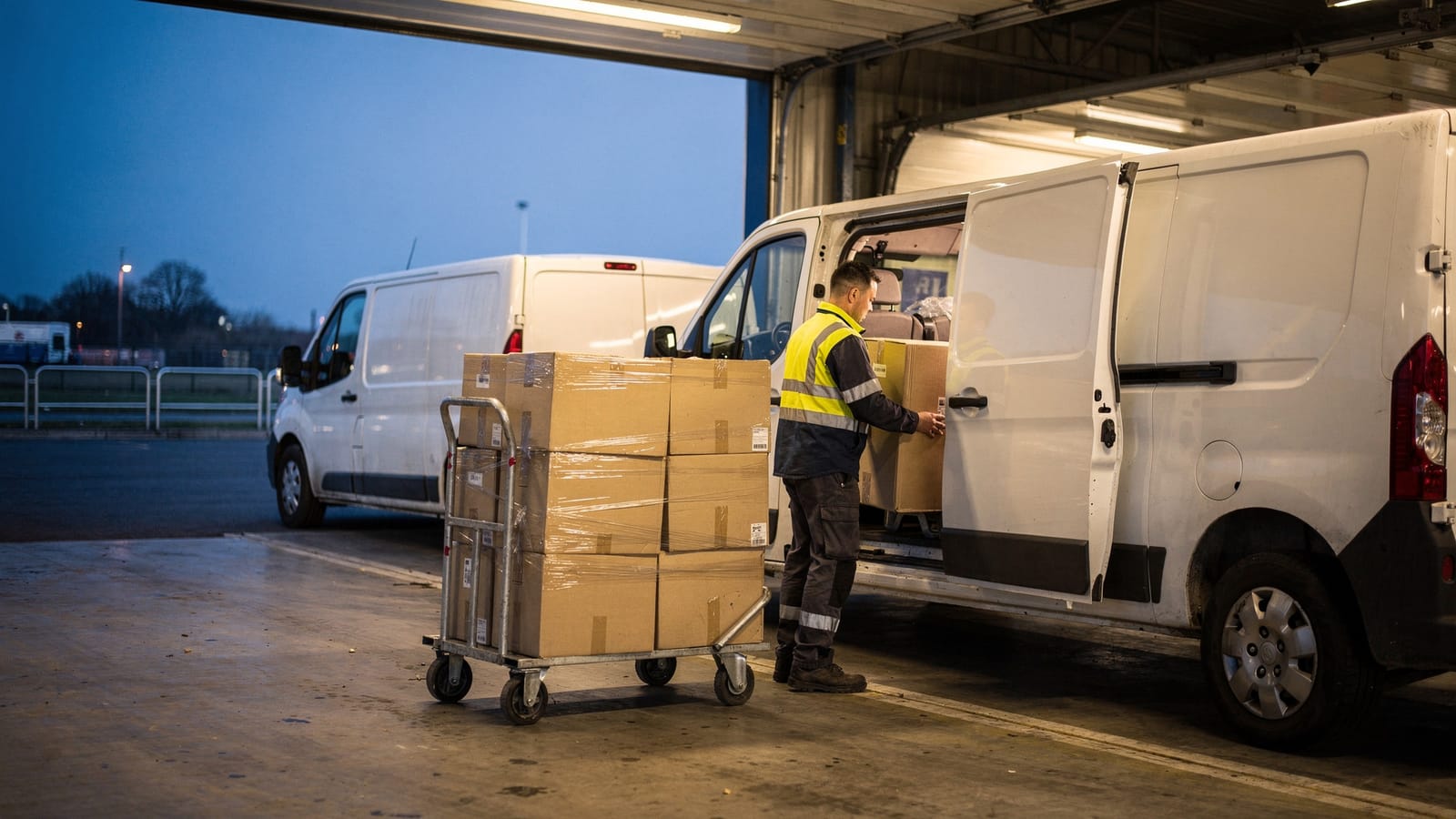 A delivery driver in a high-visibility jacket loads cardboard boxes from a trolley into a white van's side door at a depot at dawn.