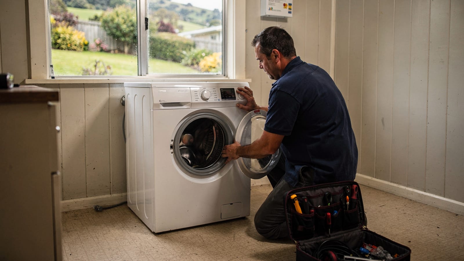 An appliance technician kneels at an open front-loading washing machine in a weatherboard laundry, a garden visible through the window and a toolbag on the lino.