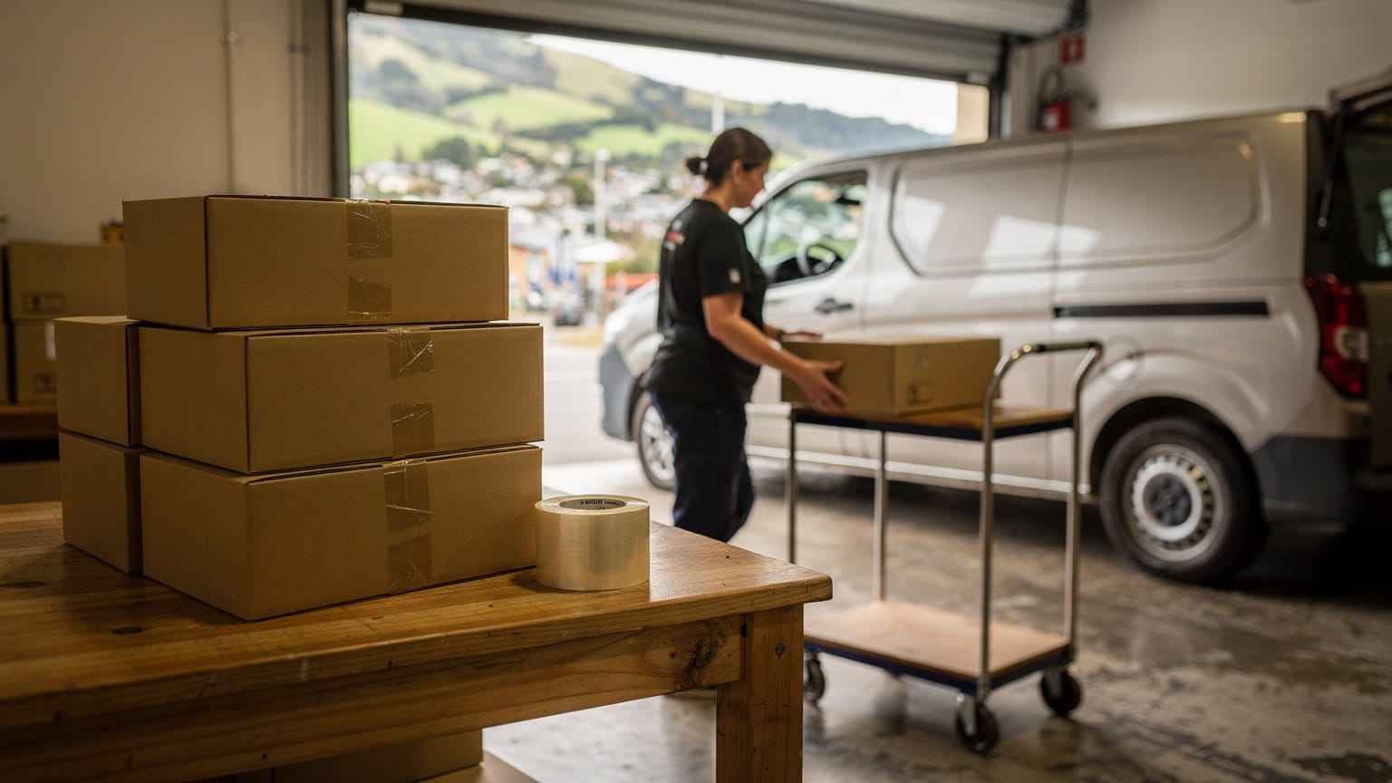 A warehouse worker loads a sealed cardboard carton onto a trolley beside a timber packing bench, with a white van parked at an open roller door.