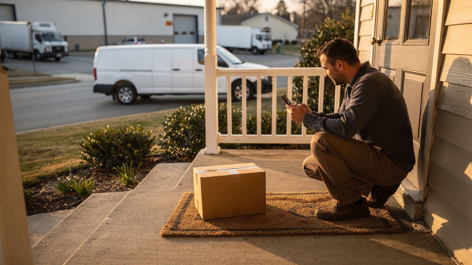 A delivery driver crouches on a suburban porch photographing a cardboard parcel on the doormat, with a white van parked on the street behind.